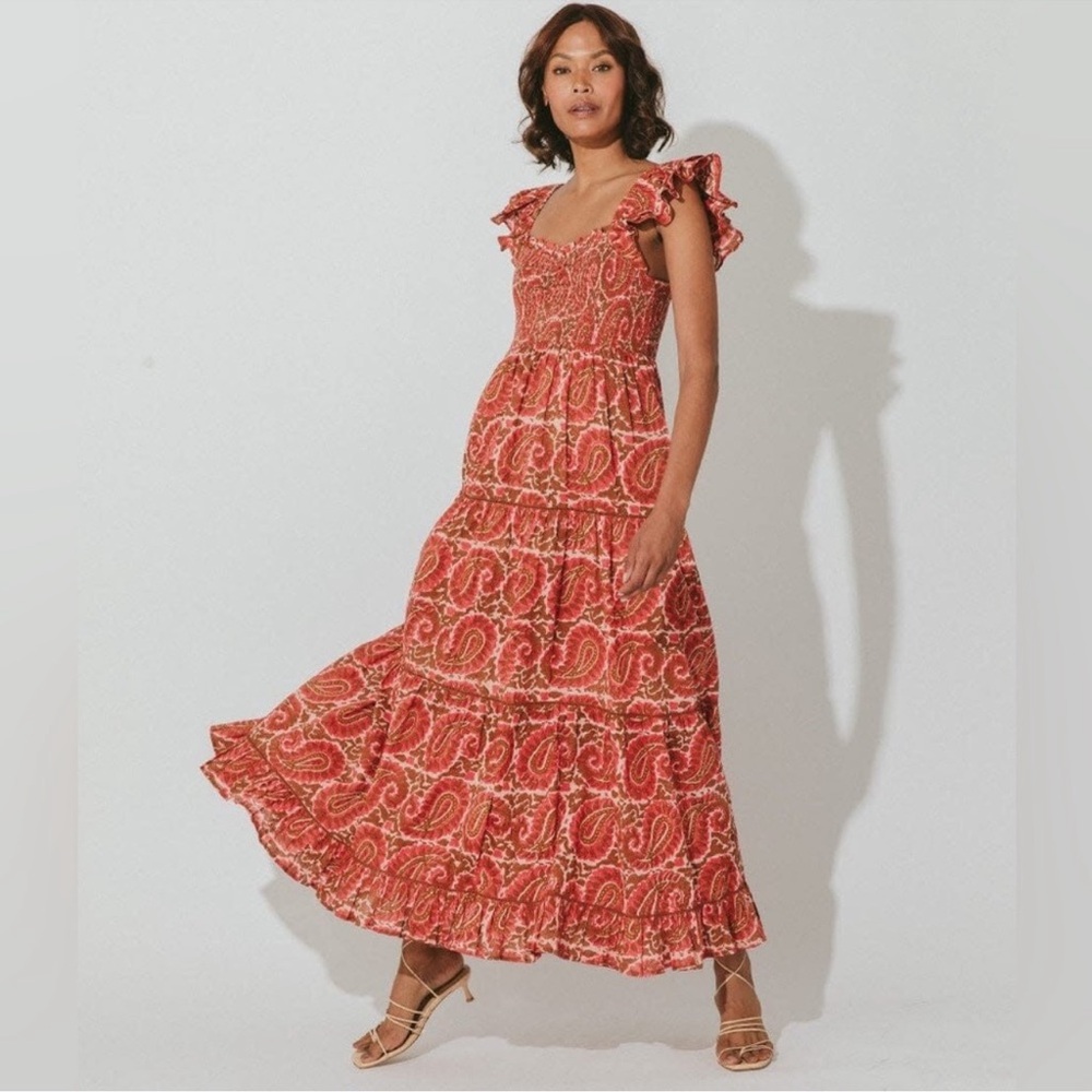 Cleobella Zahara Smocked Maxi Dress In Aurora Terracotta Red Brown Paisley Print
